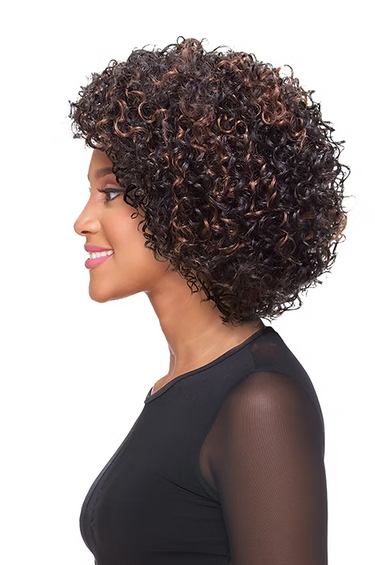 Woman with styled curly hair on a white background